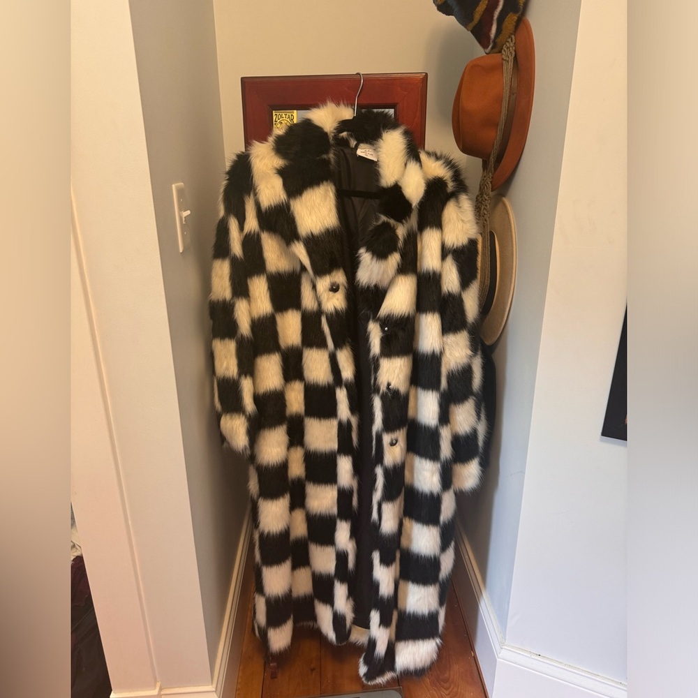 Checkered print faux fur jacket.  One size. Boutique purchase. Never worn.